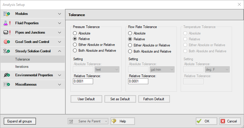 The Tolerance panel of Analysis Setup.